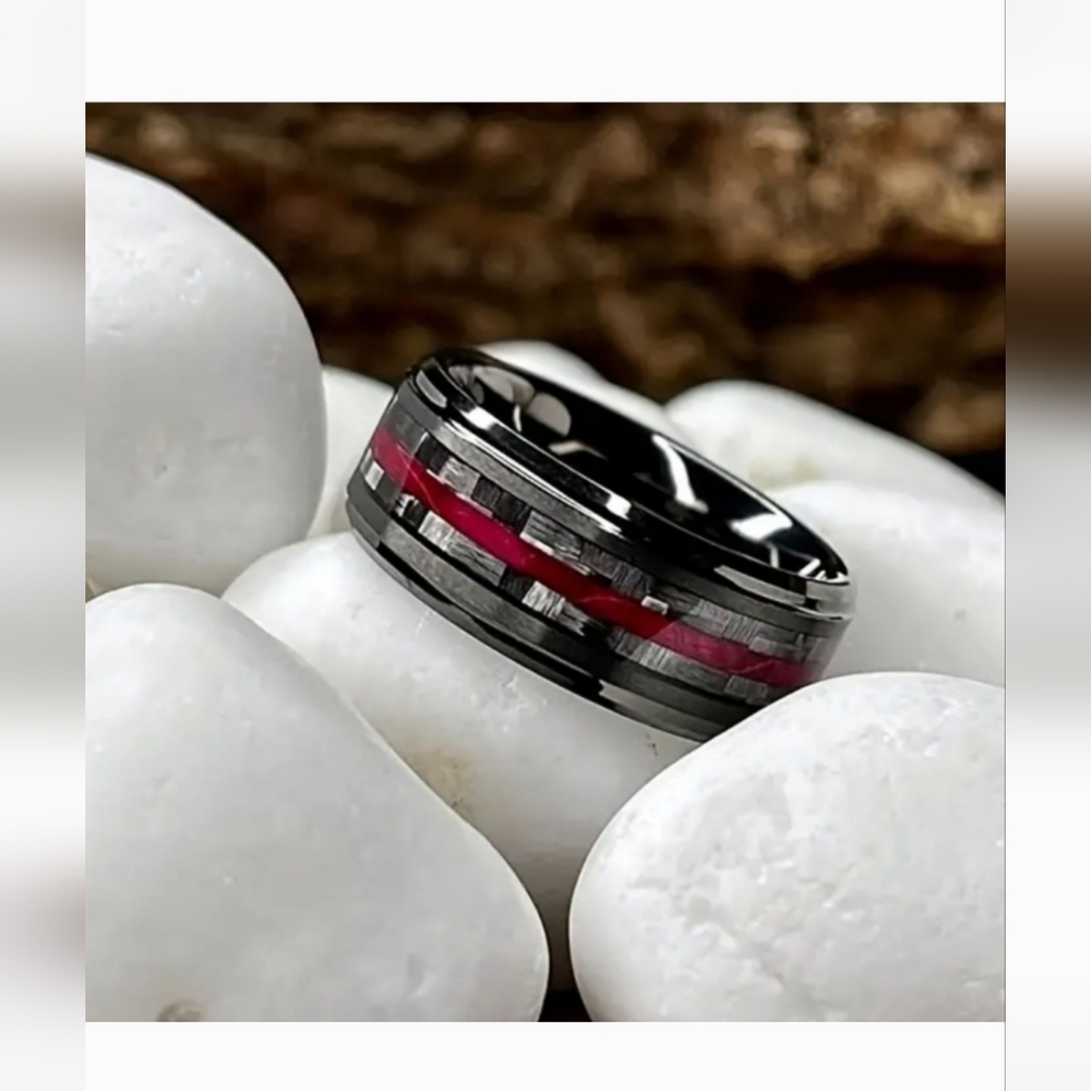 Men's Stainless Steel 8mm Black With Gray Inlay Carbon Fiber Band 10 - Picture 1 of 2